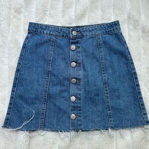 Aero High Rise Denim Button-Front Skirt, Distressed Hemline, Size 0
